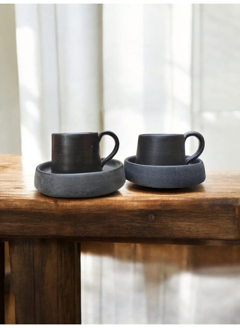 color zone pottery Two cups and saucers in a unique design, microwave safe, handmade from pottery. - Image 1